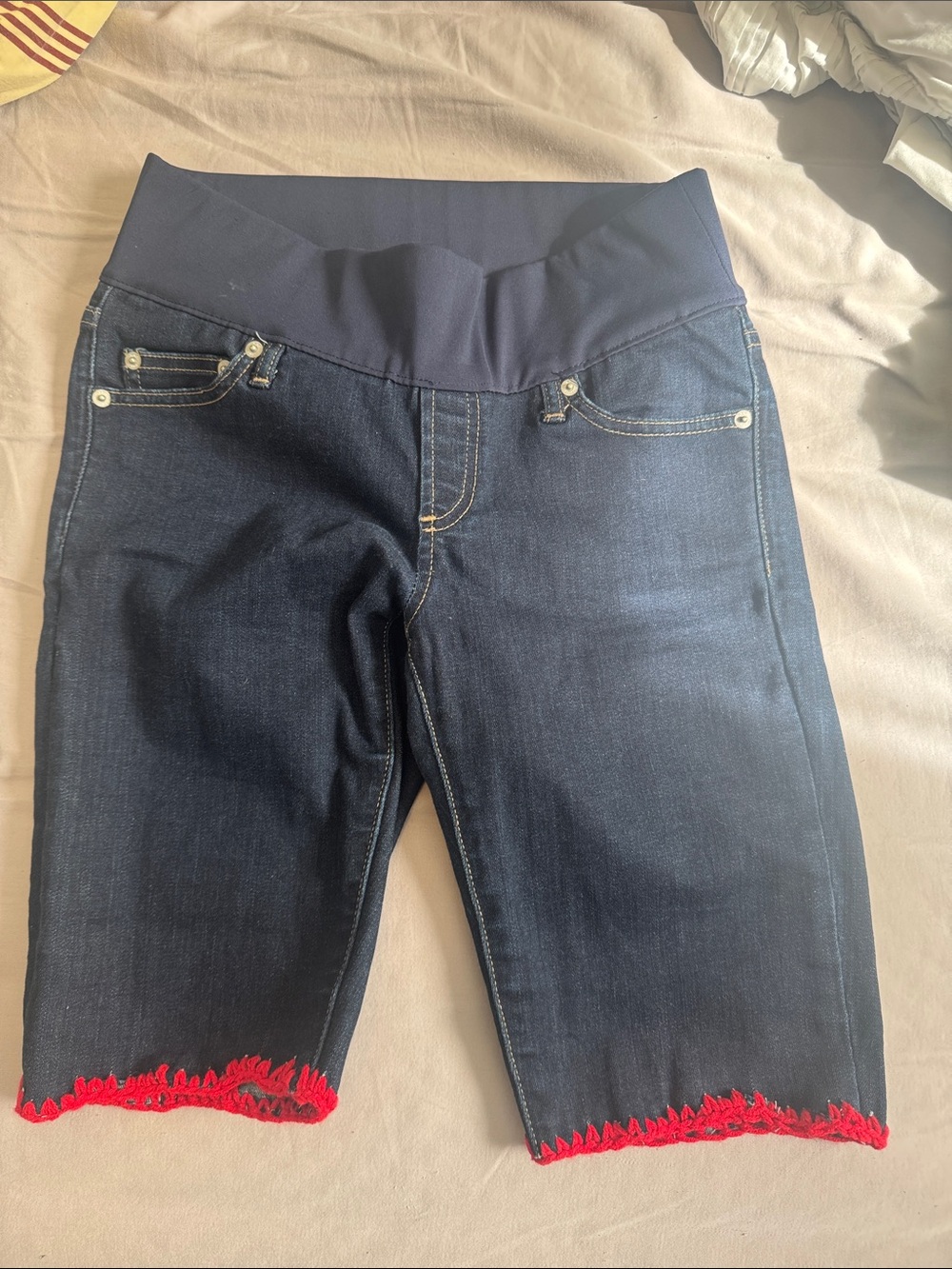Maternity Dark Blue Denim Bermuda Shorts with Red Trim